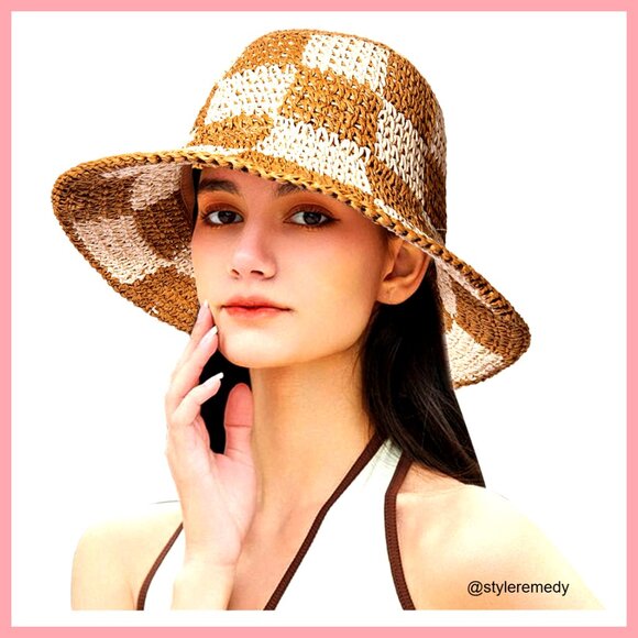 Straw Checkerboard Bucket Hat Packable Wide Brim Floppy Beach Sun Hat main image 5